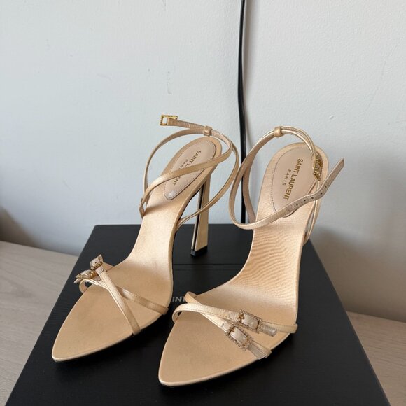 NWB Saint Laurent Lila Sandals Beige Satin Ankle Strap High Heels Sz 39 - Picture 9 of 15